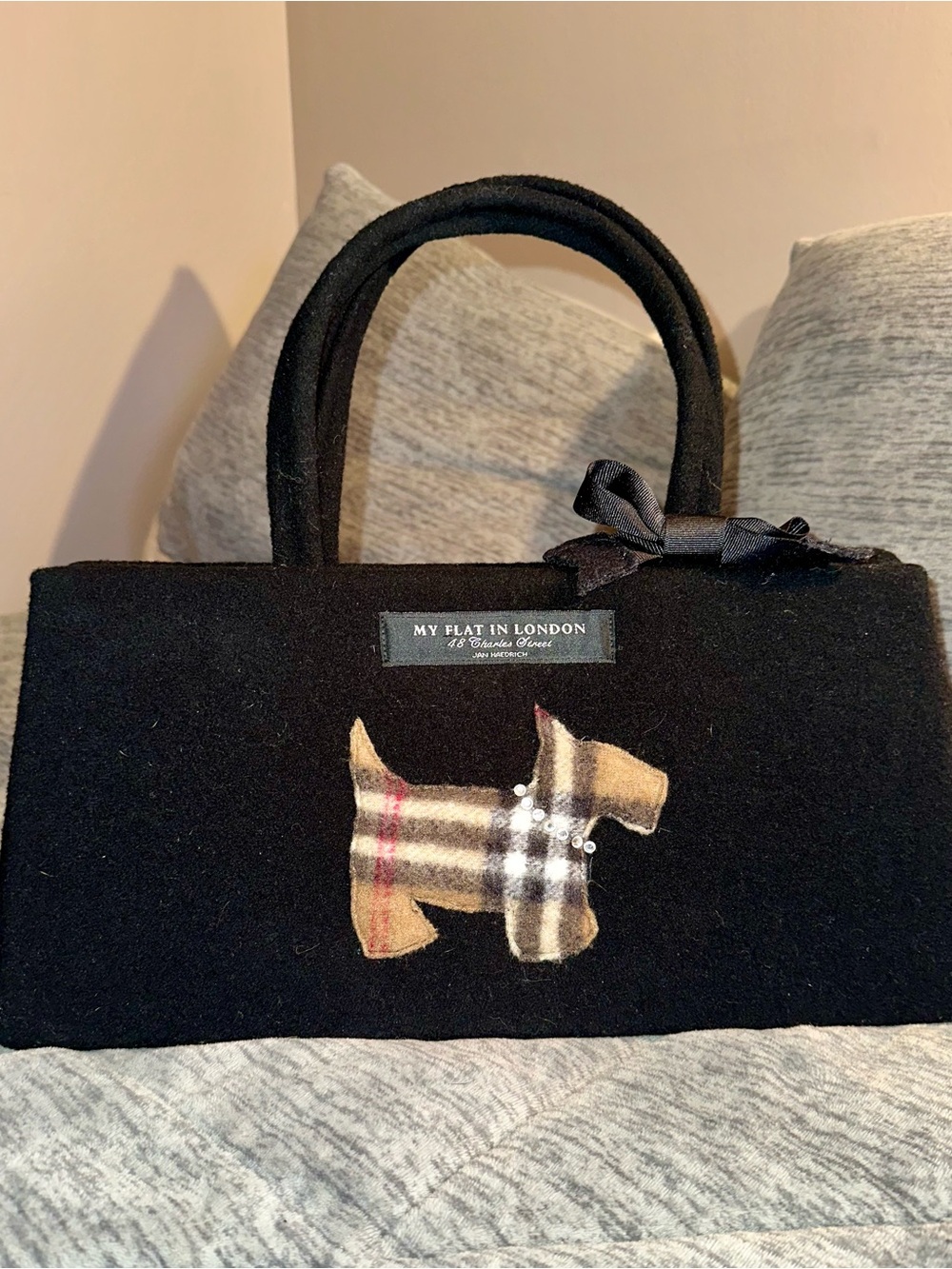 My Flat in London Black Wool Handbag with Plaid Scottie Appliqué